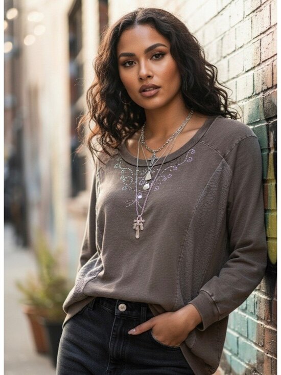 Vtg 90s NWT B.L.E.U. Studded Lace Trim Sweatshirt | Y2K Grandmacore Boho Grunge - Picture 1 of 16